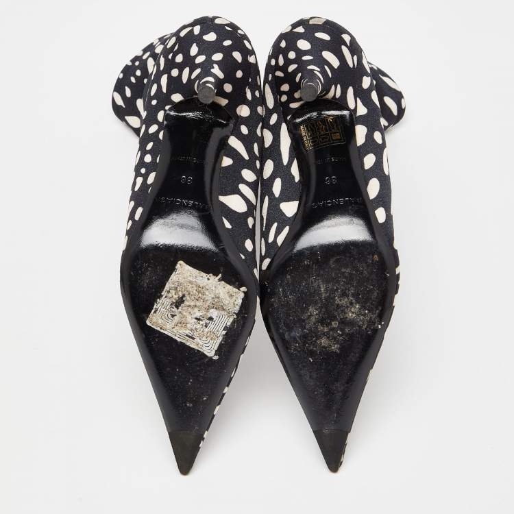 Pre Owned Balenciaga Black/White Printed Stretch Fabric Knife Booties Size 36