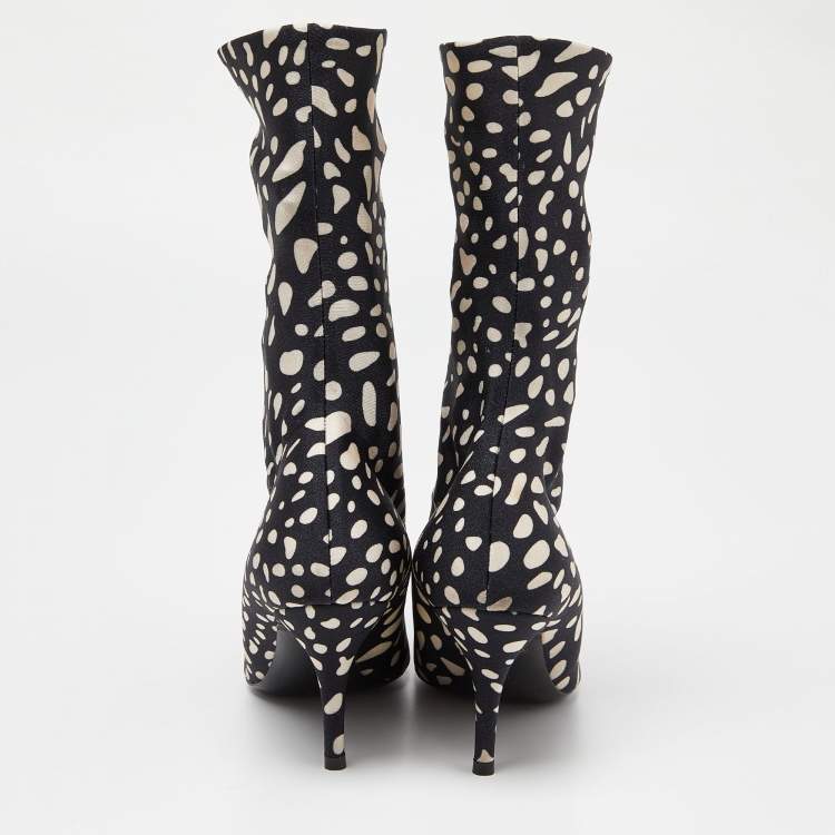 Pre Owned Balenciaga Black/White Printed Stretch Fabric Knife Booties Size 36