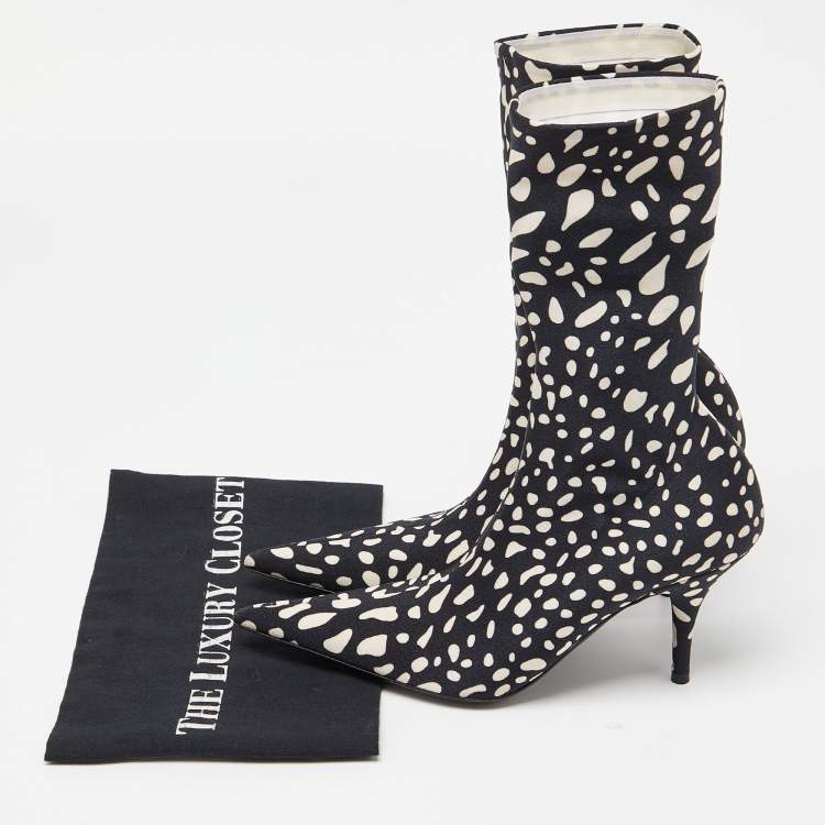 Pre Owned Balenciaga Black/White Printed Stretch Fabric Knife Booties Size 36