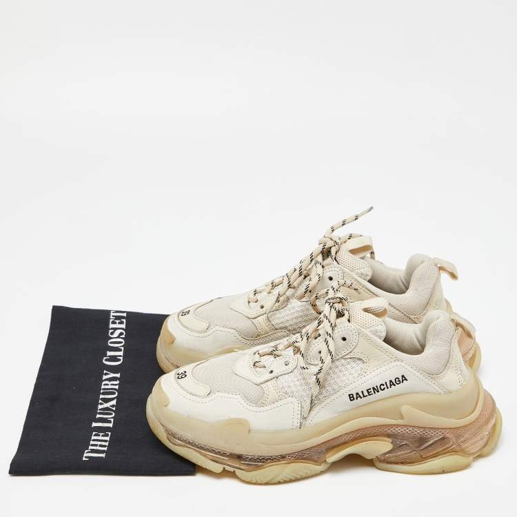 Pre Owned Balenciaga Cream Leather and Mesh Triple S Clear Sole Sneakers Size 39