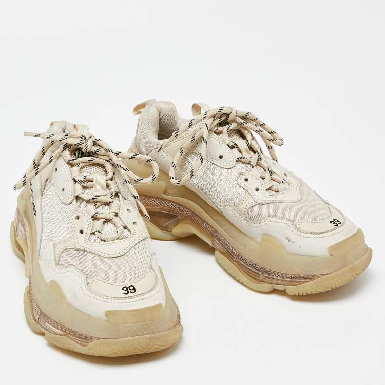 Pre Owned Balenciaga Cream Leather and Mesh Triple S Clear Sole Sneakers Size 39