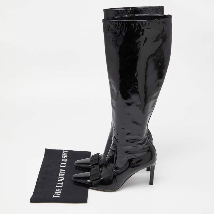 Pre Owned Balenciaga Black Patent Leather Bow Calf Length Boots Size 36