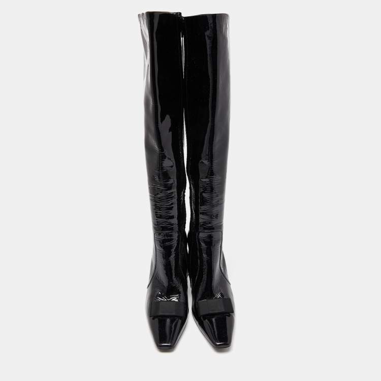 Pre Owned Balenciaga Black Patent Leather Bow Calf Length Boots Size 36