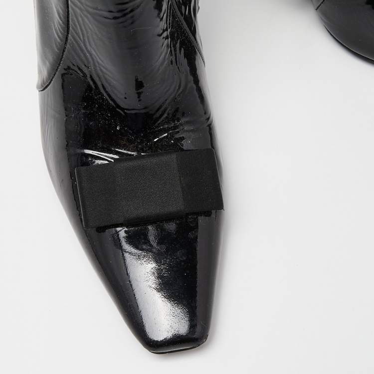 Pre Owned Balenciaga Black Patent Leather Bow Calf Length Boots Size 36
