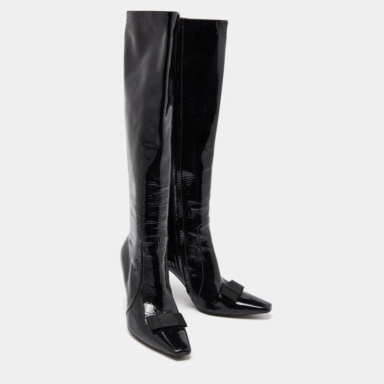 Pre Owned Balenciaga Black Patent Leather Bow Calf Length Boots Size 36