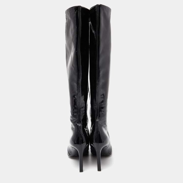 Pre Owned Balenciaga Black Patent Leather Bow Calf Length Boots Size 36