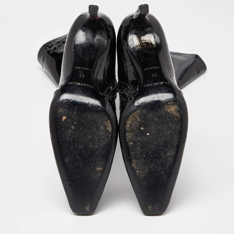 Pre Owned Balenciaga Black Patent Leather Bow Calf Length Boots Size 36