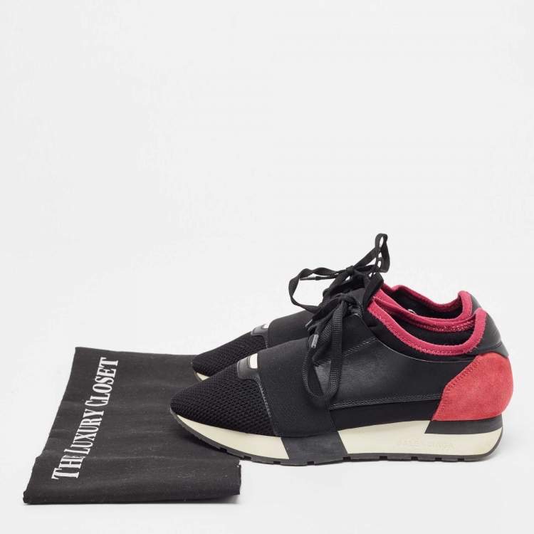 Pre Owned Balenciaga Black/Pink Mesh and Suede Race Runner Sneakers Size 37