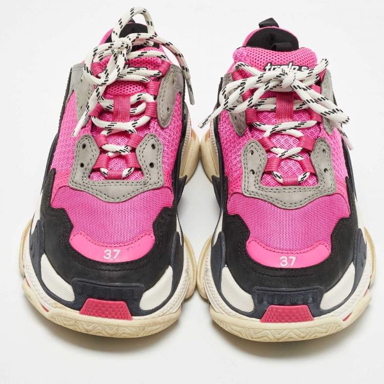 Pre Owned Balenciaga Pink/Black Mesh and Leather Triple S Sneakers Size 37