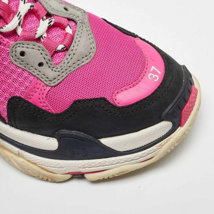 Pre Owned Balenciaga Pink/Black Mesh and Leather Triple S Sneakers Size 37