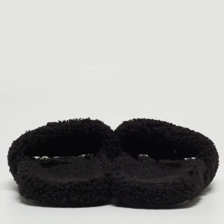 Pre Owned Balenciaga Black Shearing Fur Flat Slides Size 38 