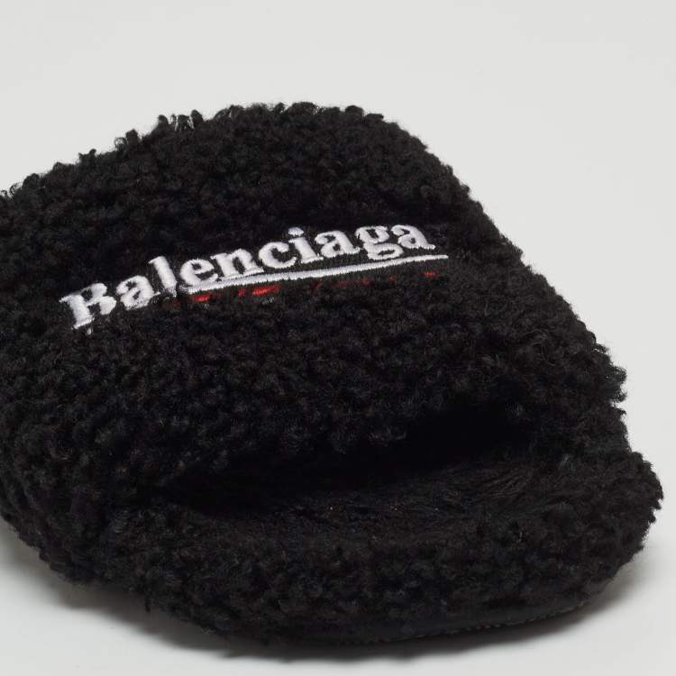 Pre Owned Balenciaga Black Shearing Fur Flat Slides Size 38 