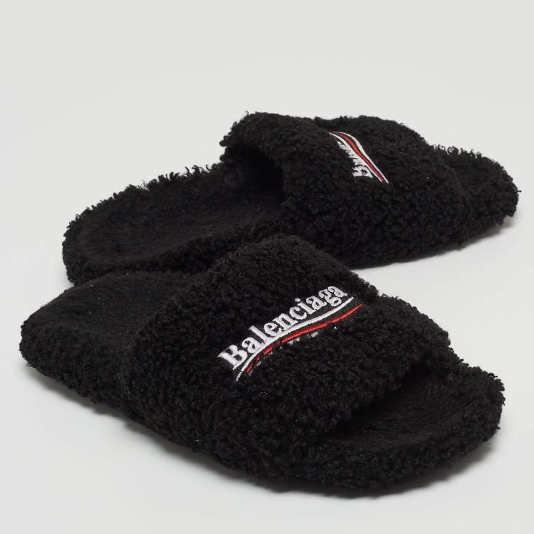 Pre Owned Balenciaga Black Shearing Fur Flat Slides Size 38 