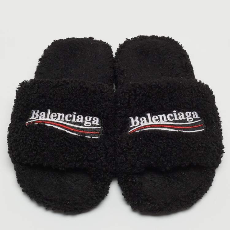 Pre Owned Balenciaga Black Shearing Fur Flat Slides Size 38 