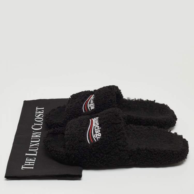 Pre Owned Balenciaga Black Shearing Fur Flat Slides Size 38 