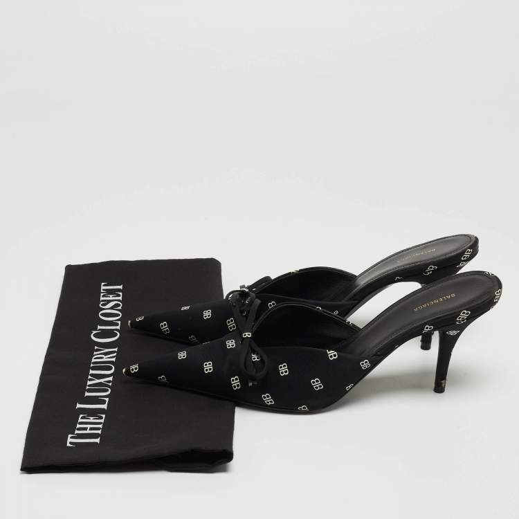 Pre Owned Balenciaga Black BB Satin Bow Knife Mules Size 37