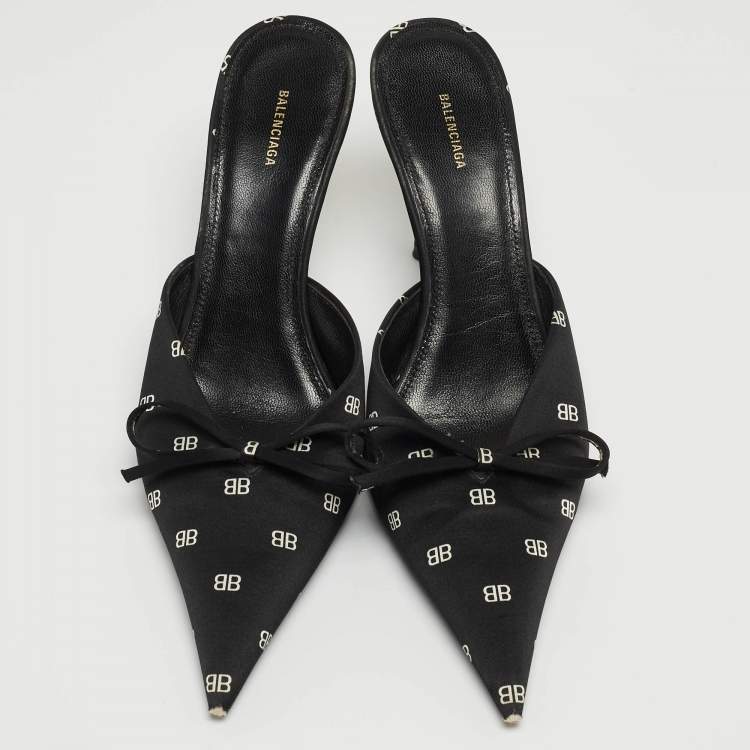 Pre Owned Balenciaga Black BB Satin Bow Knife Mules Size 37