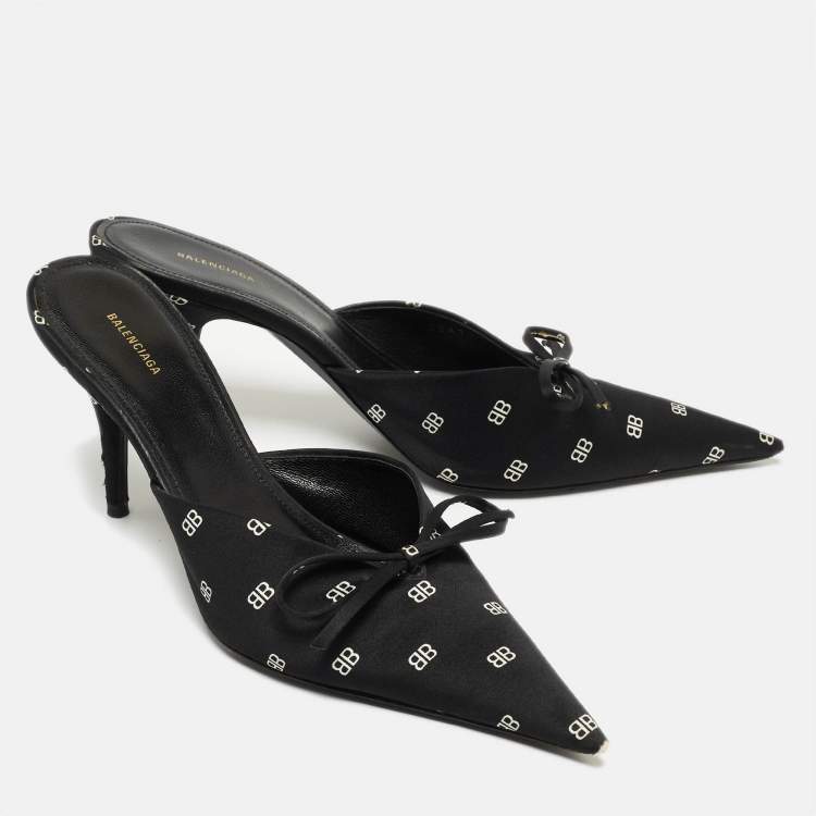 Pre Owned Balenciaga Black BB Satin Bow Knife Mules Size 37