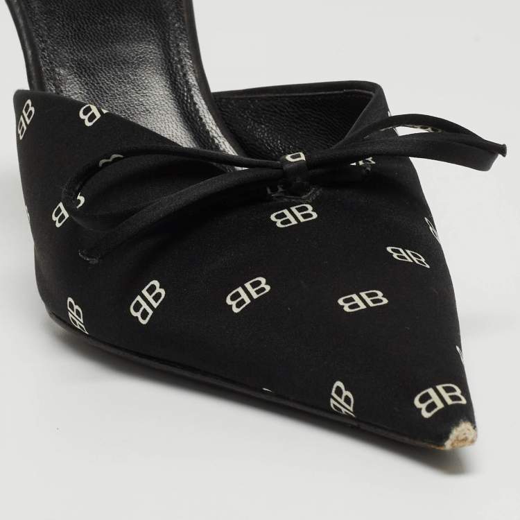 Pre Owned Balenciaga Black BB Satin Bow Knife Mules Size 37