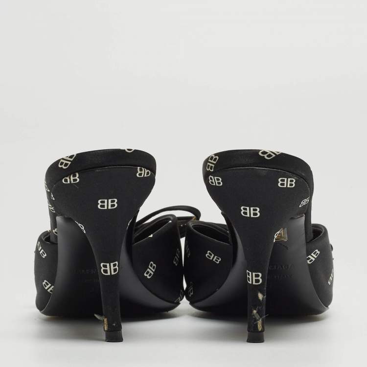 Pre Owned Balenciaga Black BB Satin Bow Knife Mules Size 37