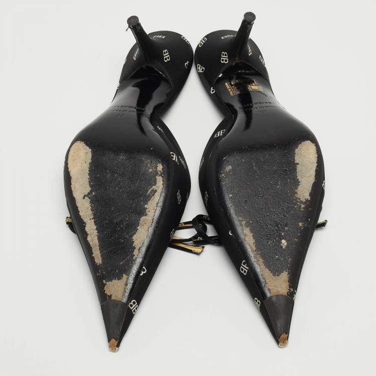 Pre Owned Balenciaga Black BB Satin Bow Knife Mules Size 37