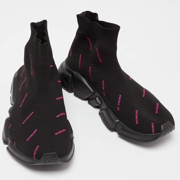 Pre Owned Balenciaga Black/Pink Logo Print Knit Fabric Speed Trainer Sneakers Size 37