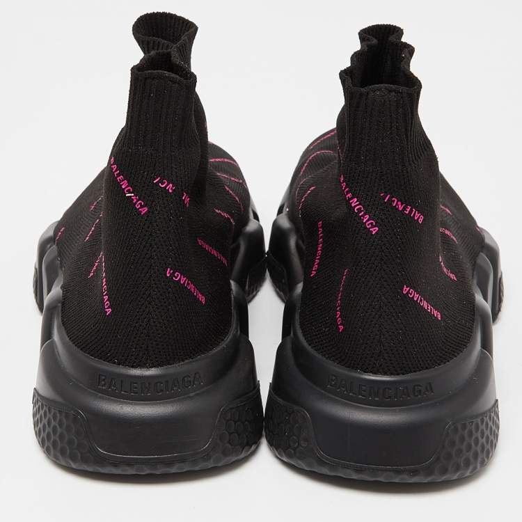 Pre Owned Balenciaga Black/Pink Logo Print Knit Fabric Speed Trainer Sneakers Size 37