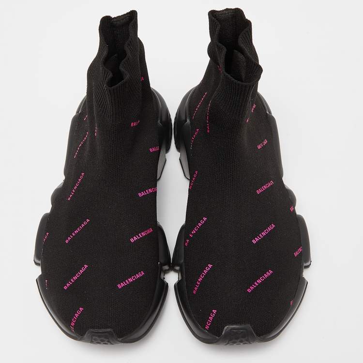 Pre Owned Balenciaga Black/Pink Logo Print Knit Fabric Speed Trainer Sneakers Size 37