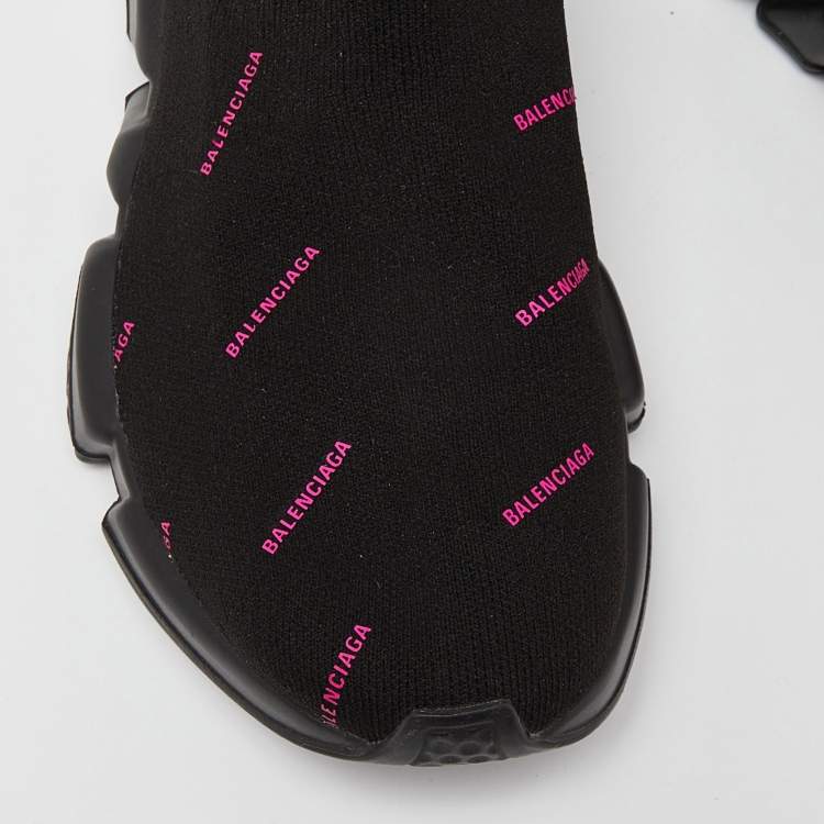 Pre Owned Balenciaga Black/Pink Logo Print Knit Fabric Speed Trainer Sneakers Size 37