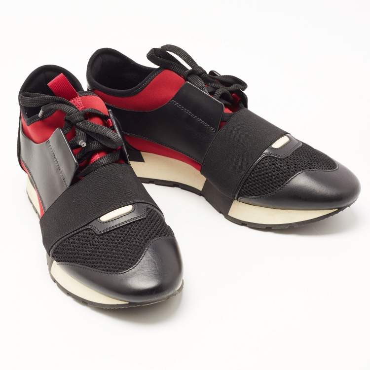 Pre Owned Balenciaga Black/Red Leather and Mesh Race Runner Low Top Sneakers Size 41
