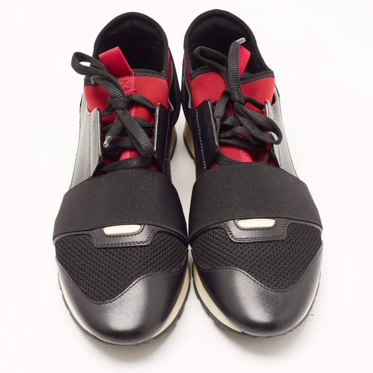 Pre Owned Balenciaga Black/Red Leather and Mesh Race Runner Low Top Sneakers Size 41