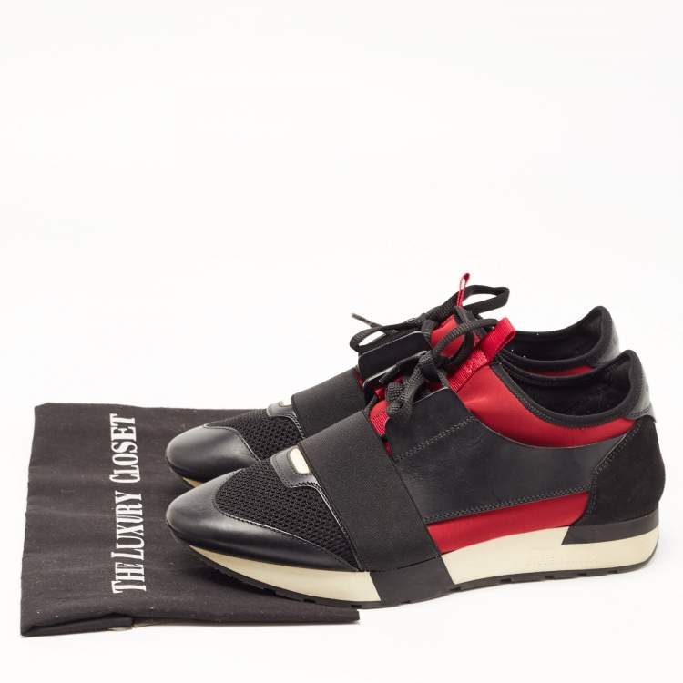 Pre Owned Balenciaga Black/Red Leather and Mesh Race Runner Low Top Sneakers Size 41