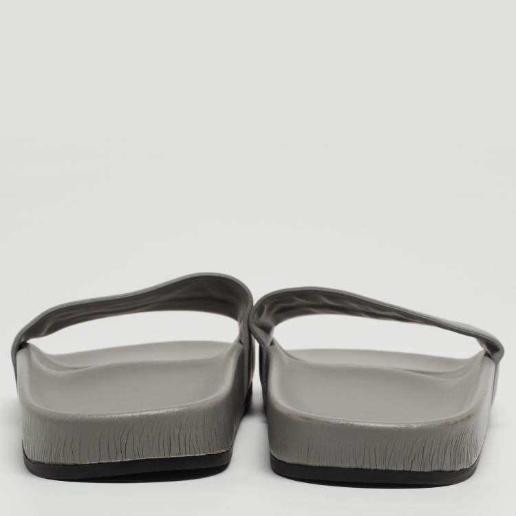 Pre Owned Balenciaga Grey Leather Logo Pool Slides Size 36