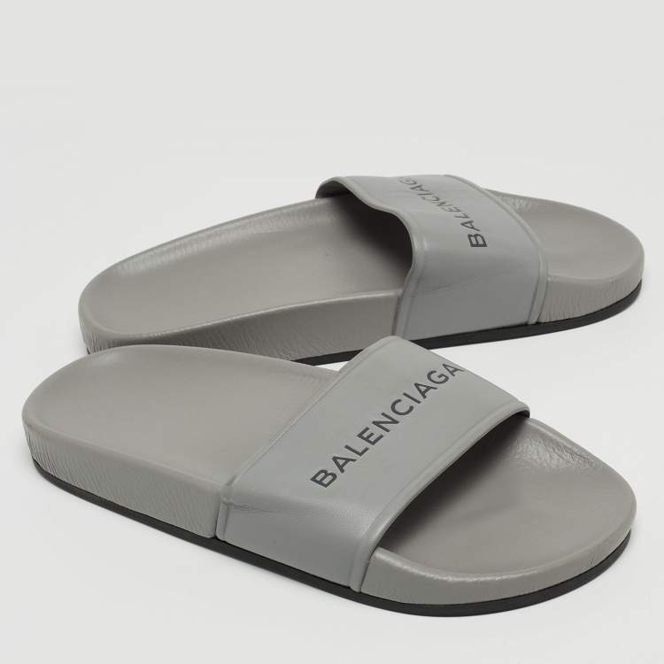 Pre Owned Balenciaga Grey Leather Logo Pool Slides Size 36