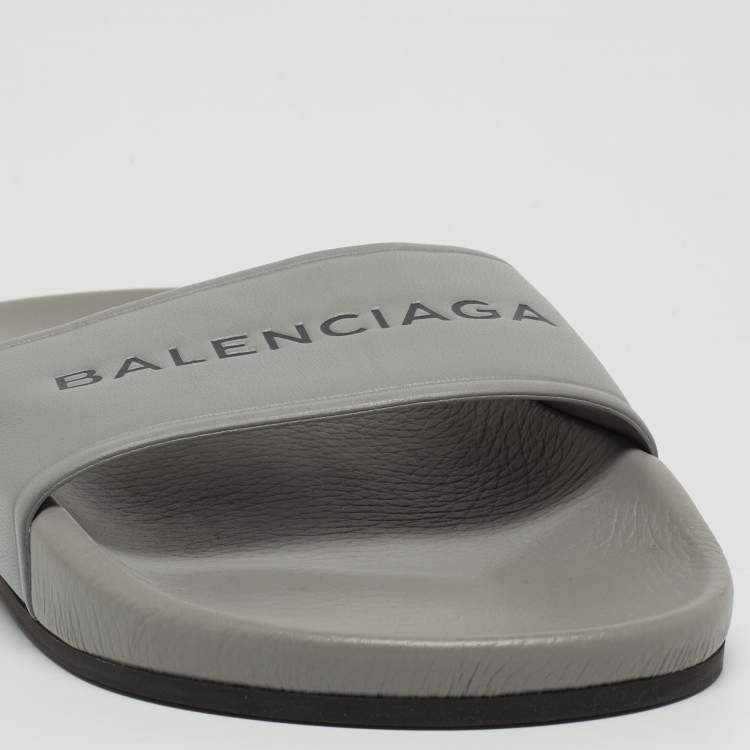 Pre Owned Balenciaga Grey Leather Logo Pool Slides Size 36