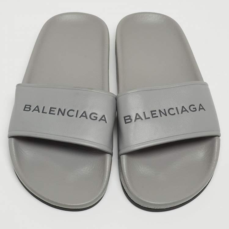 Pre Owned Balenciaga Grey Leather Logo Pool Slides Size 36