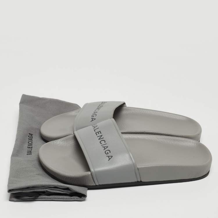 Pre Owned Balenciaga Grey Leather Logo Pool Slides Size 36