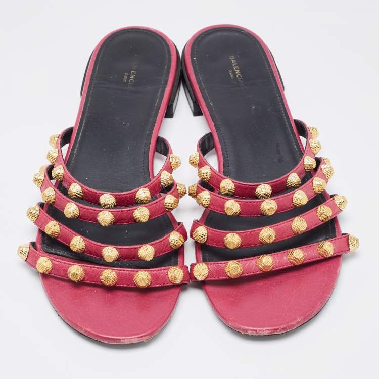 Pre Owned Balenciaga Pink Leather Arena Flat Slides Size 38.5 