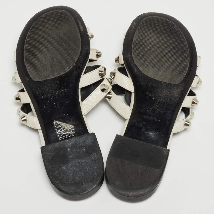Pre Owned Balenciaga White Leather Studded Arena Flat Slides Size 38