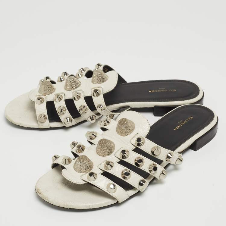 Pre Owned Balenciaga White Leather Studded Arena Flat Slides Size 38