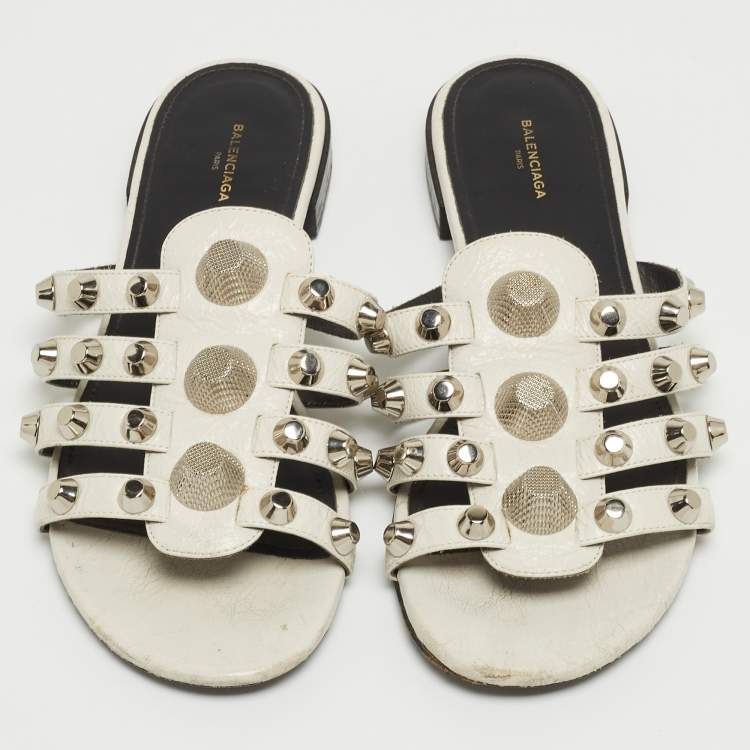 Pre Owned Balenciaga White Leather Studded Arena Flat Slides Size 38