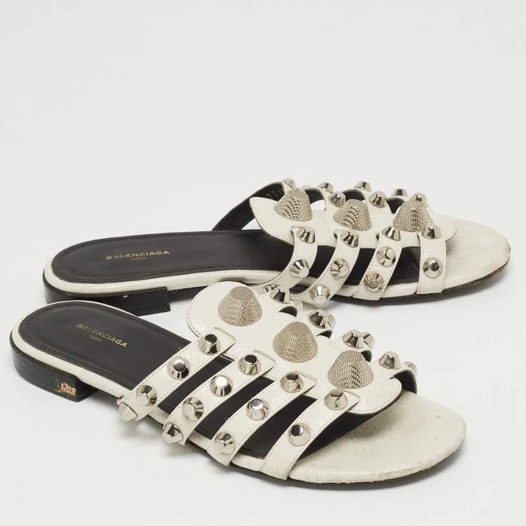 Pre Owned Balenciaga White Leather Studded Arena Flat Slides Size 38