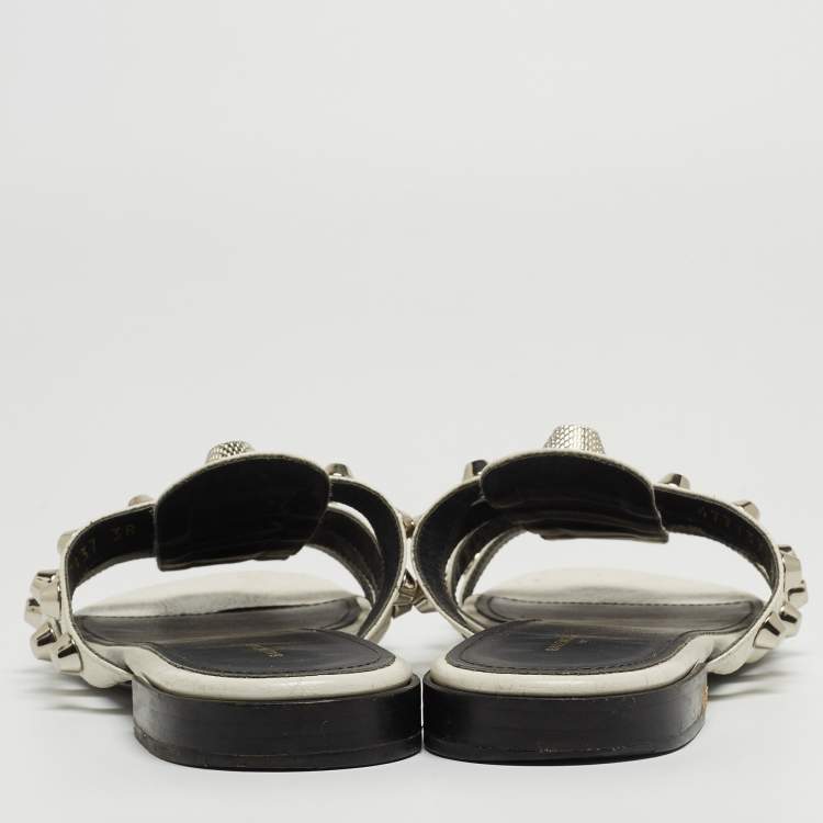 Pre Owned Balenciaga White Leather Studded Arena Flat Slides Size 38
