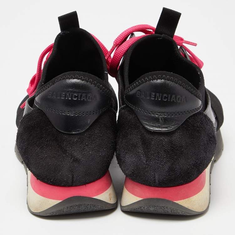 Pre Owned Balenciaga Black/Pink Leather,Suede and Mesh Race Runner Sneakers Size 37