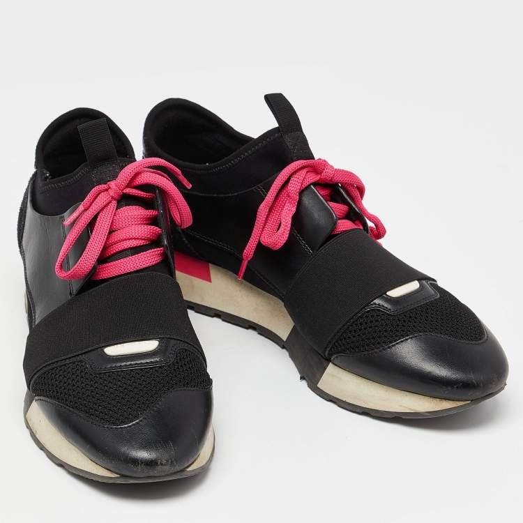 Pre Owned Balenciaga Black/Pink Leather,Suede and Mesh Race Runner Sneakers Size 37