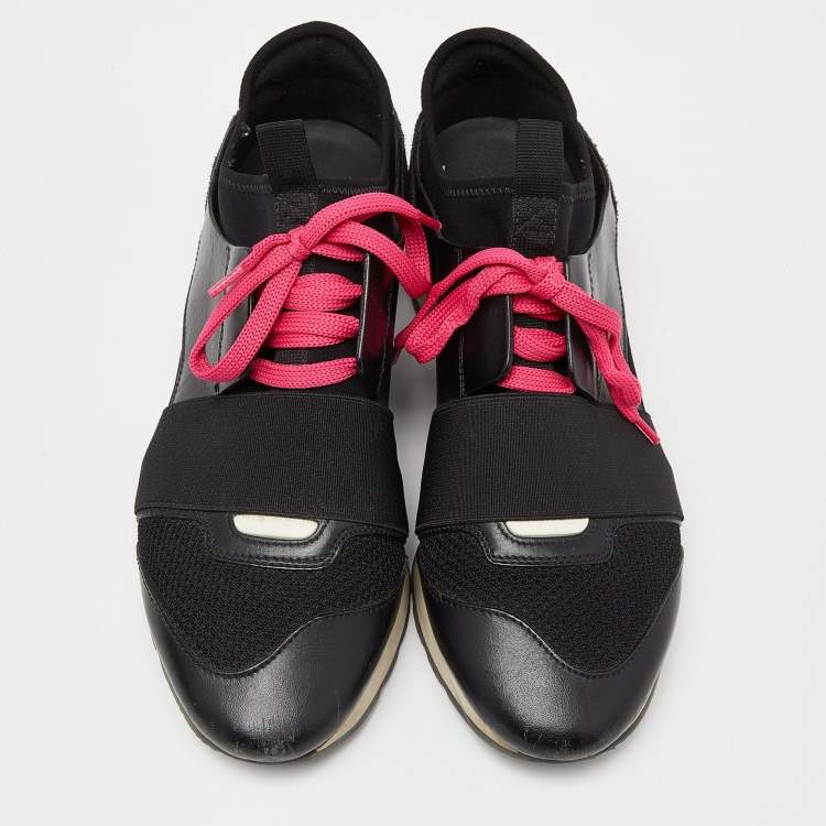Pre Owned Balenciaga Black/Pink Leather,Suede and Mesh Race Runner Sneakers Size 37