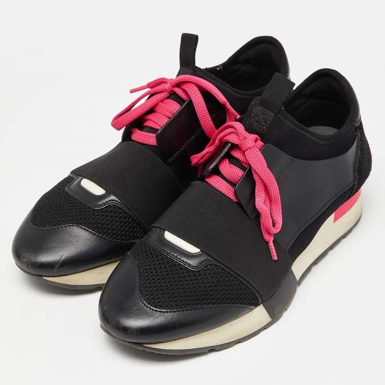 Pre Owned Balenciaga Black/Pink Leather,Suede and Mesh Race Runner Sneakers Size 37