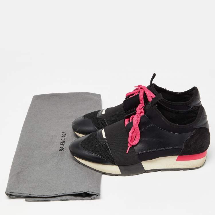 Pre Owned Balenciaga Black/Pink Leather,Suede and Mesh Race Runner Sneakers Size 37