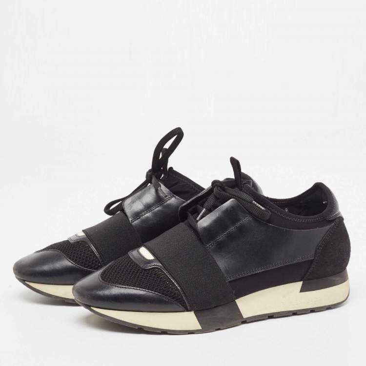 Pre Owned Balenciaga Black Suede And Leather Race Runner Low Top Sneakers Size 38