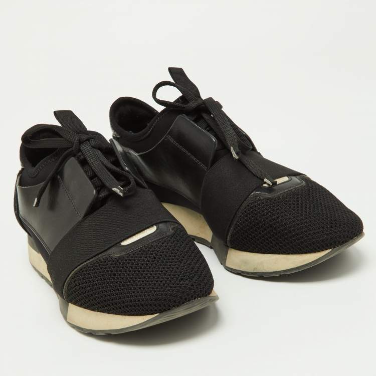 Pre Owned Balenciaga Black Leather,Suede and Mesh Race Runner Sneakers Size 39